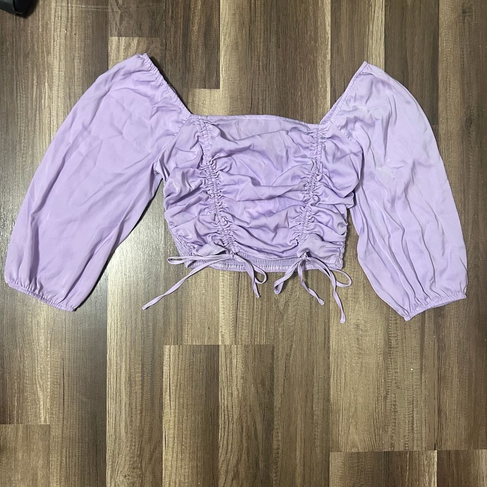 Forever 21 Blouse Womens M Lavender NEW Ruched Puff Sleeve Smocked Cottagecore